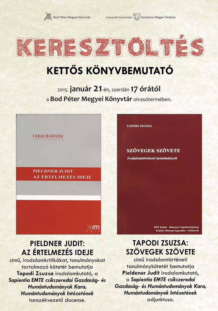 Keresztöltés: kettős könyvbemutató a Bod Péter Megyei Könyvtárban