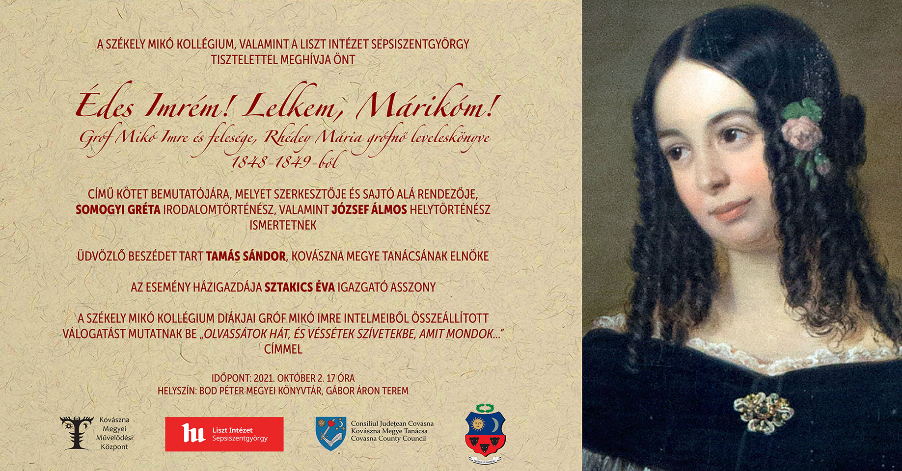 Kötetbemutató - Gróf Mikó Imre és felesége Rhédey Mária grófnő 1848-18949 közötti levelézéséről