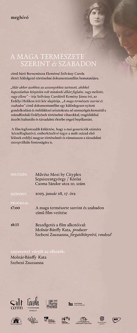 Bornemissza Elemérné Szilvássy Carola életútját bemutató film a Művész Moziban