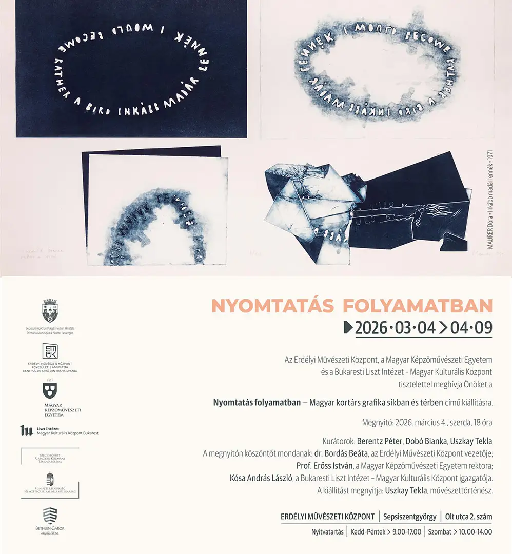 Nyomtatás folyamatban - a kiállítás meghívója Nyomtatás folyamatban – Magyar kortárs grafika síkban és térben