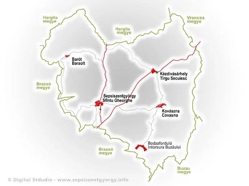Kovászna megye részletes úthálózati térképe Sepsiszentgyörgy, Kézdivásárhely, Kovászna, Barót és Bodzaforduló városaival